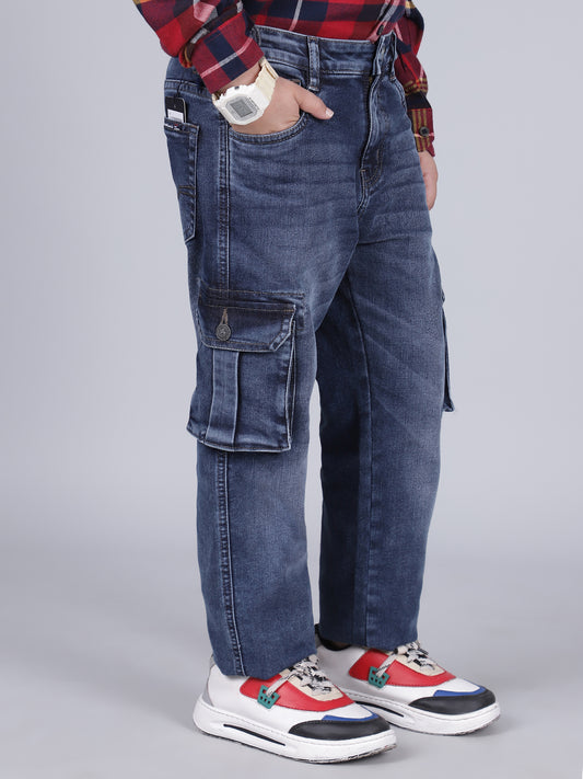 Boys Solid Blue Regular Fit Casual Cargo