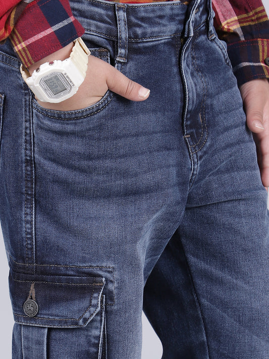 Boys Solid Blue Regular Fit Casual Cargo