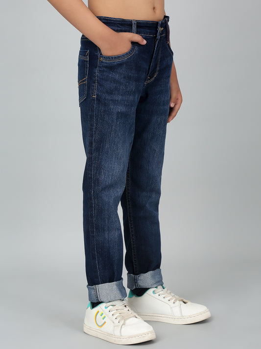 Boy's Dark Blue Solid Stretchable Jeans