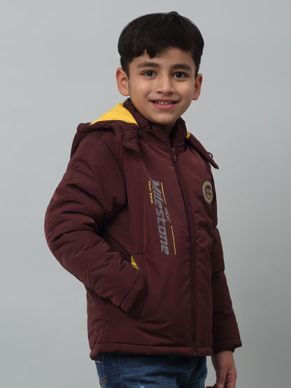 Boys Maroon Hooded Neck Solid Casual Jacket For Winter