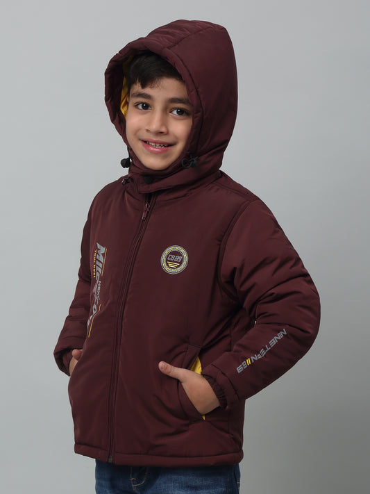 Boys Maroon Hooded Neck Solid Casual Jacket For Winter