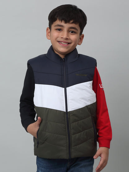 Boys Olive Green Mandarin Collar Color-Blocked Casual Jacket For Winter