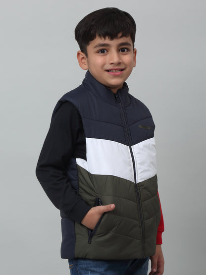 Boys Olive Green Mandarin Collar Color-Blocked Casual Jacket For Winter