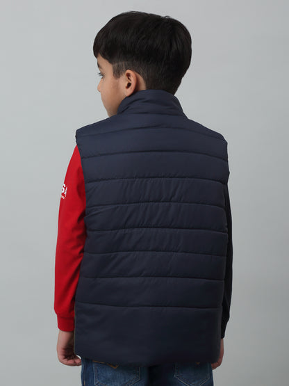 Boys Olive Green Mandarin Collar Color-Blocked Casual Jacket For Winter