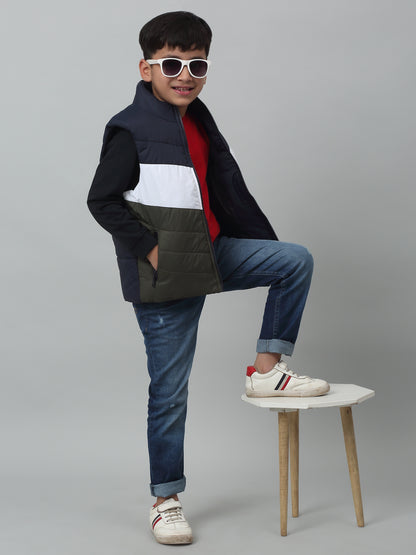 Boys Olive Green Mandarin Collar Color-Blocked Casual Jacket For Winter