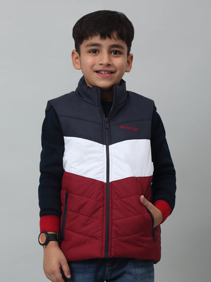 Boys Maroon Mandarin Collar Color-Blocked Casual Jacket For Winter