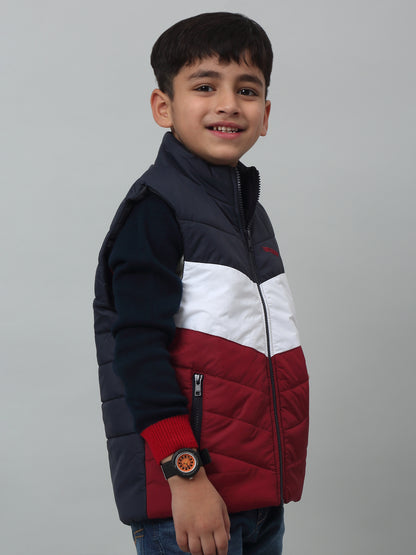 Boys Maroon Mandarin Collar Color-Blocked Casual Jacket For Winter