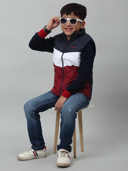 Boys Maroon Mandarin Collar Color-Blocked Casual Jacket For Winter