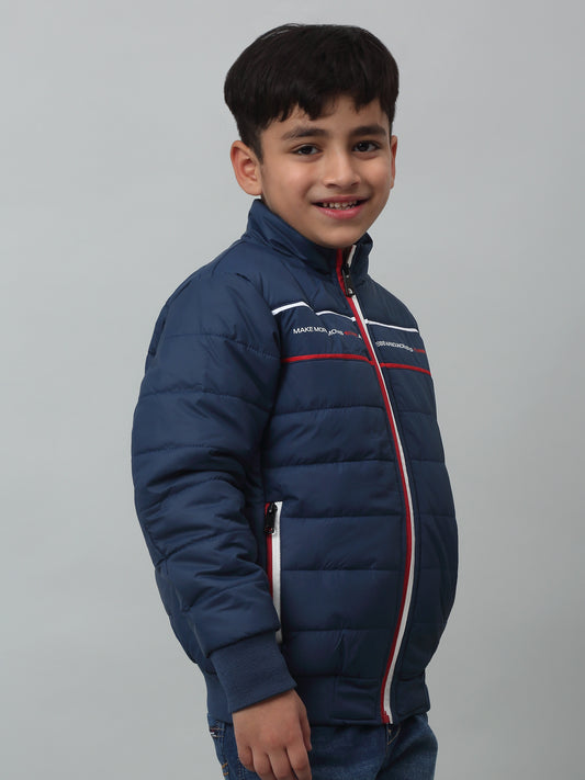 Boys Navy Mandarin Collar Solid Casual Jacket For Winter