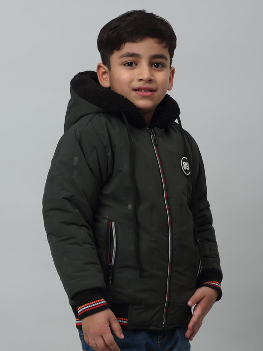 Boys Bottle Green Hooded Neck Solid Casual Jacket For Winter