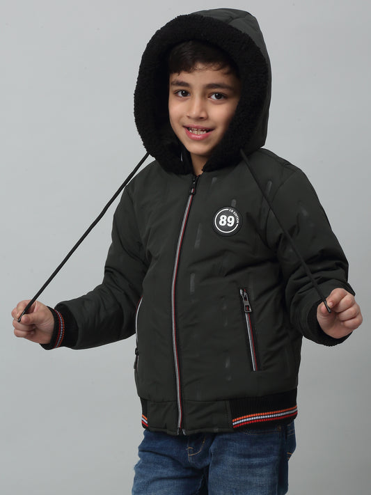 Boys Bottle Green Hooded Neck Solid Casual Jacket For Winter