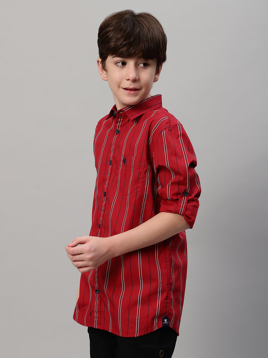 Boy's Maroon Striped Full Sleeve Shirt