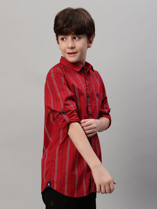 Boy's Maroon Striped Full Sleeve Shirt