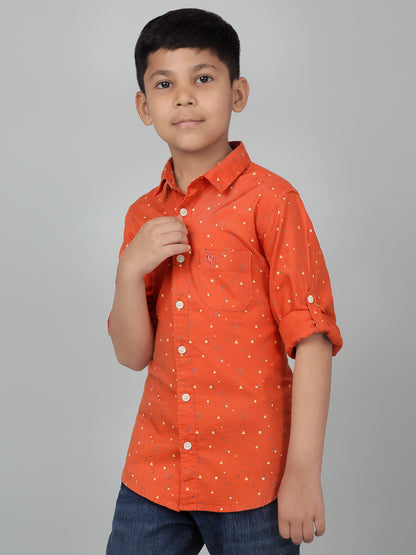 Boy's Orange Printed Full Sleeves Shirt