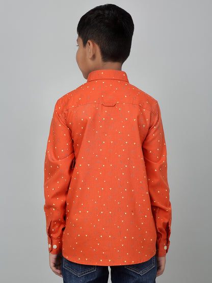 Boy's Orange Printed Full Sleeves Shirt