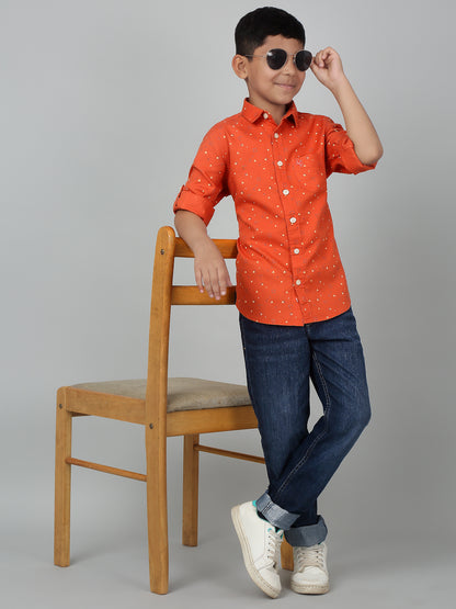 Boy's Orange Printed Full Sleeves Shirt