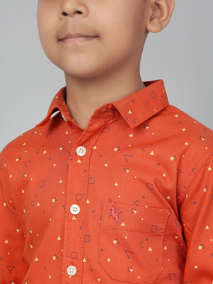 Boy's Orange Printed Full Sleeves Shirt