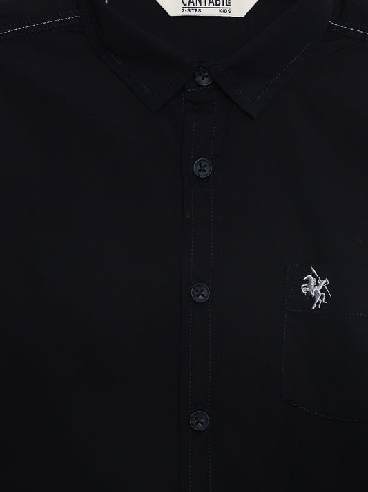 Cantabil Boys Navy Blue Solid Plain Full Sleeves Spread Collar Shirt with Patch Pocket (7165948395659)