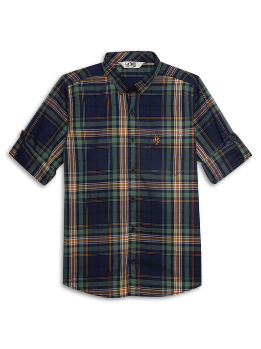 Cantabil Boys Green Checkered Full Sleeves Spread Collar Shirt with Patch Pocket (7165949313163)