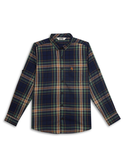 Cantabil Boys Green Checkered Full Sleeves Spread Collar Shirt with Patch Pocket (7165949313163)