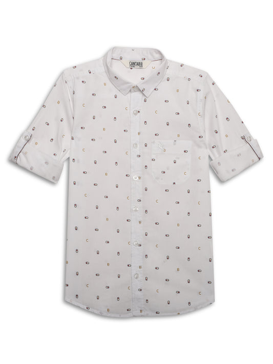 Cantabil Boys White Printed Full Sleeves Spread Collar Shirt with Patch Pocket (7165951115403)