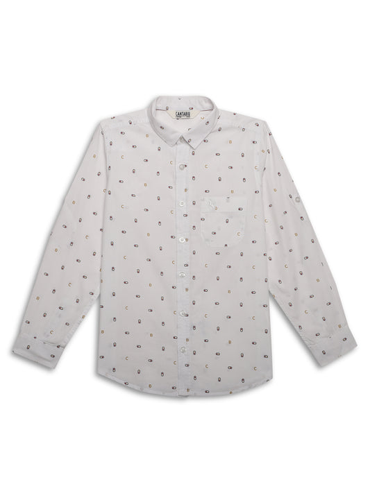 Cantabil Boys White Printed Full Sleeves Spread Collar Shirt with Patch Pocket (7165951115403)