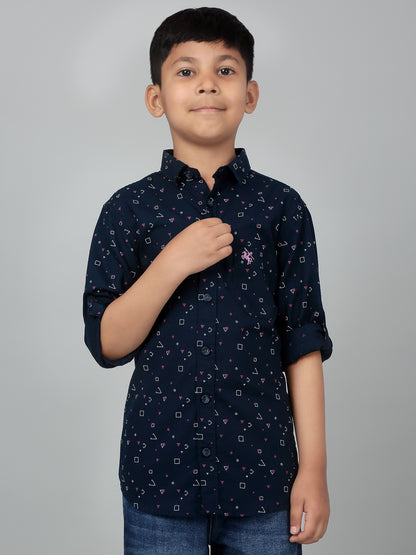 Boys Casual Navy Blue Full Sleeve with Tab  Shirt