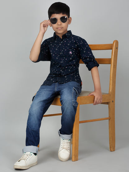 Boys Casual Navy Blue Full Sleeve with Tab  Shirt