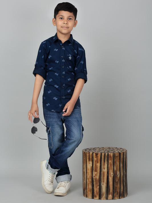 Boys Casual Navy Blue Full Sleeve with Tab  Shirt