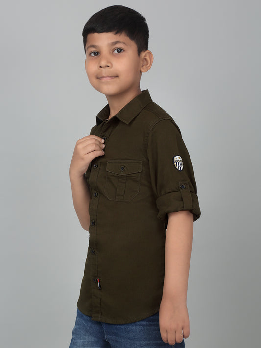 Boys Casual Olive Green Full Sleeve with Tab  Shirt