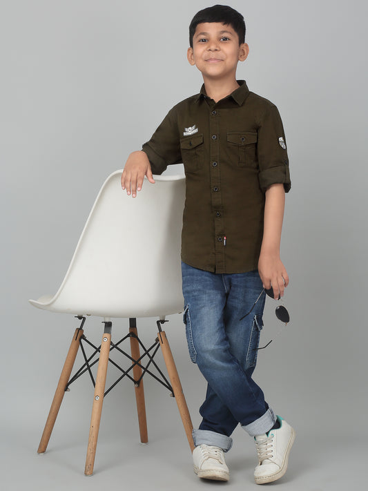 Boys Casual Olive Green Full Sleeve with Tab  Shirt