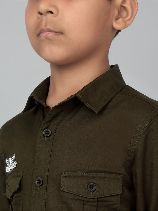 Boys Casual Olive Green Full Sleeve with Tab  Shirt