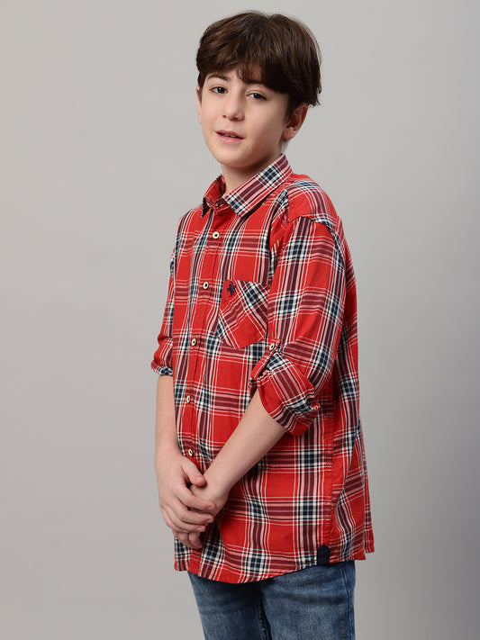 Boy's Orange Checkered Full Sleeve Shirt