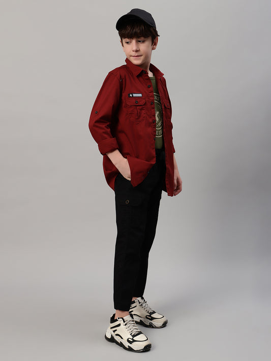 Boy's Maroon Solid Full Sleeve Shirt
