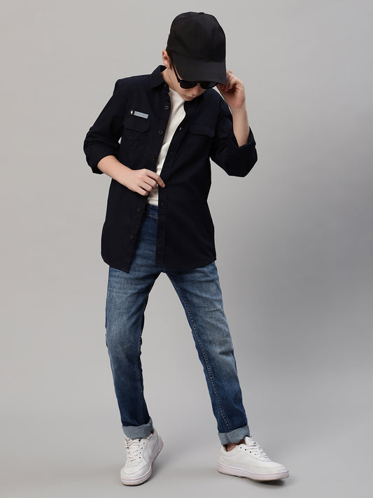Boy's Navy Blue Solid Full Sleeve Shirt