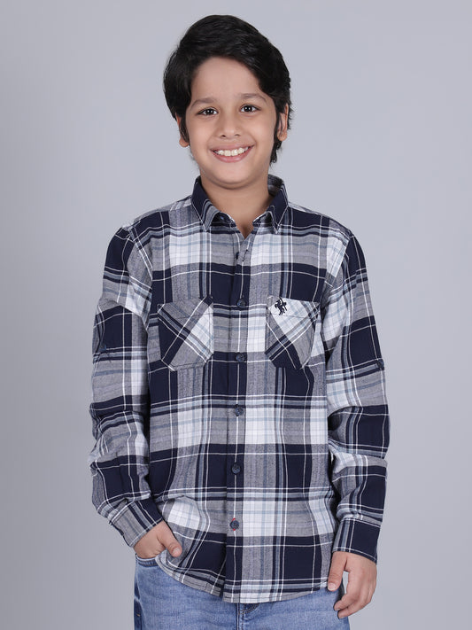 Boys Checkered Navy Blue Full Sleeves Spread Collar Casual Shirt