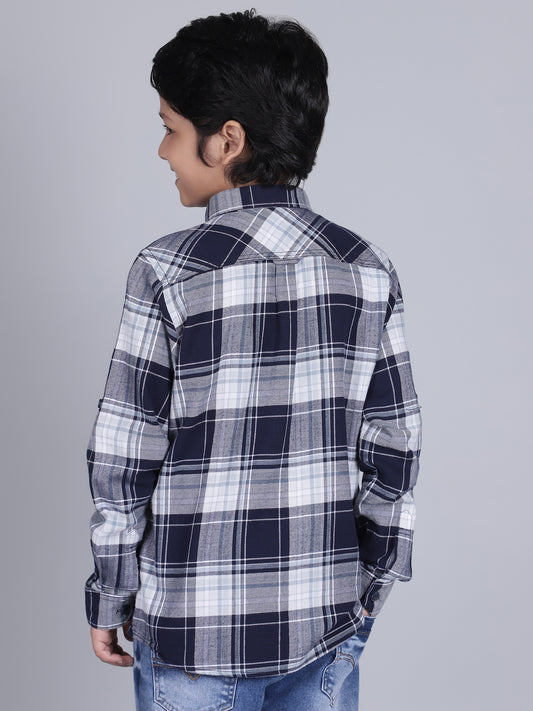 Boys Checkered Navy Blue Full Sleeves Spread Collar Casual Shirt
