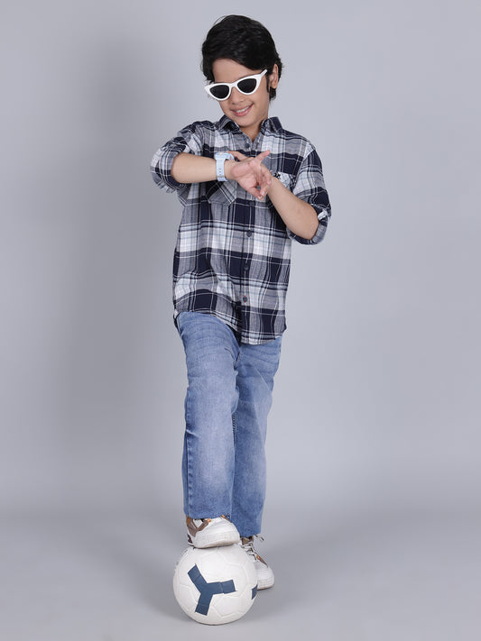 Boys Checkered Navy Blue Full Sleeves Spread Collar Casual Shirt