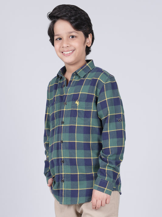 Boys Checkered Green Full Sleeves Spread Collar Casual Shirt