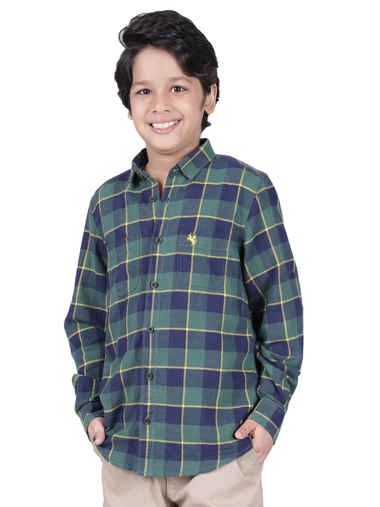 Boys Checkered Green Full Sleeves Spread Collar Casual Shirt