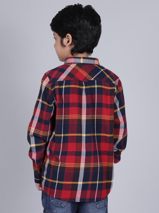 Boys Checkered Mehroon Full Sleeves Spread Collar Casual Shirt