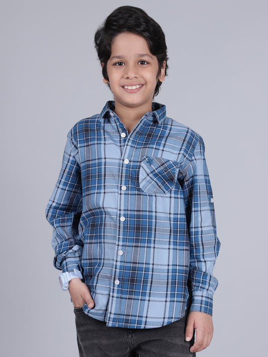 Boys Checkered Blue Full Sleeves Spread Collar Casual Shirt