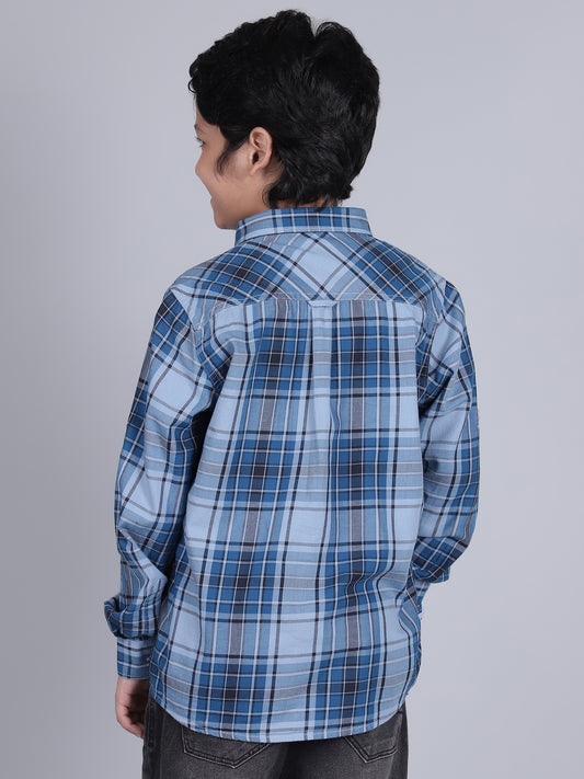 Boys Checkered Blue Full Sleeves Spread Collar Casual Shirt