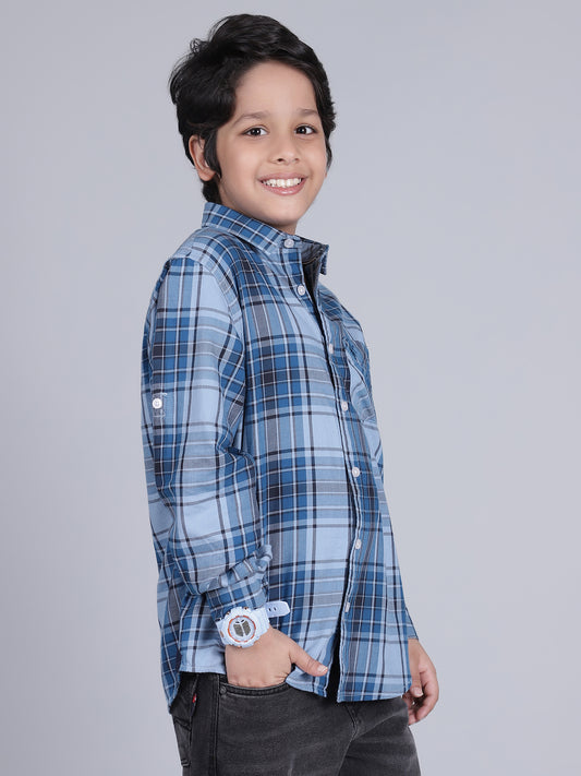 Boys Checkered Blue Full Sleeves Spread Collar Casual Shirt