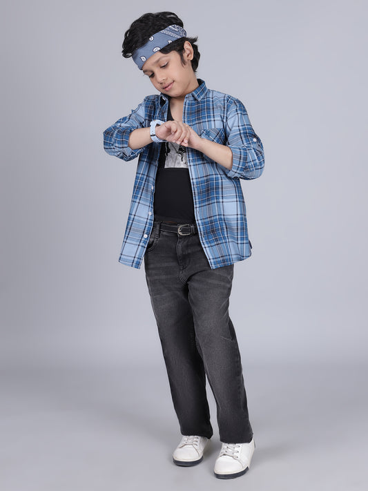 Boys Checkered Blue Full Sleeves Spread Collar Casual Shirt