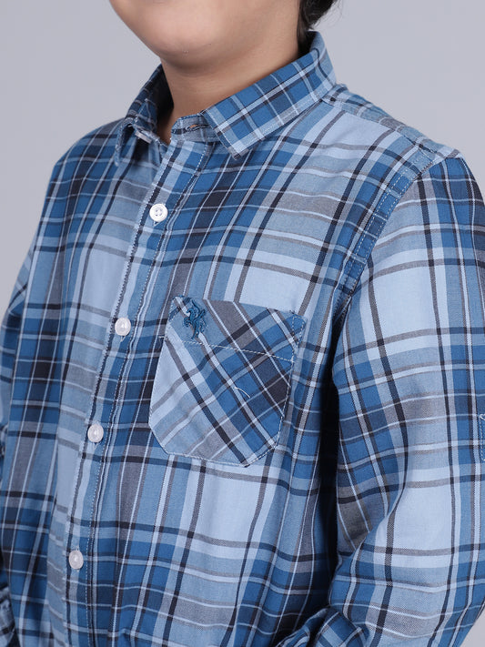 Boys Checkered Blue Full Sleeves Spread Collar Casual Shirt