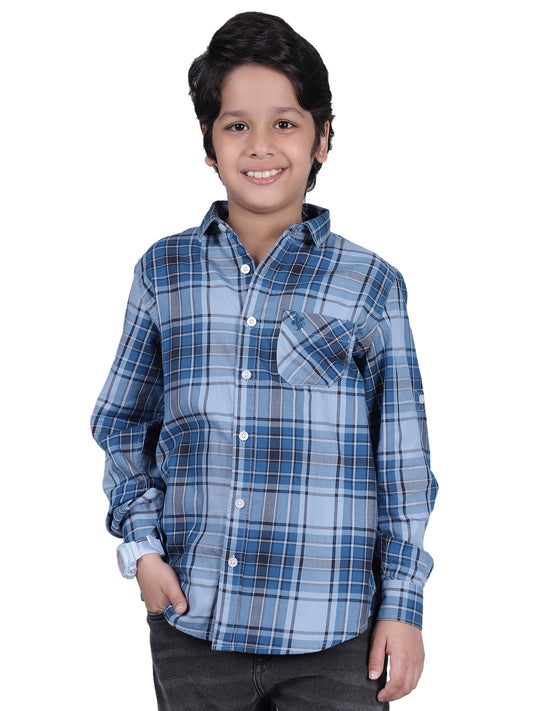 Boys Checkered Blue Full Sleeves Spread Collar Casual Shirt