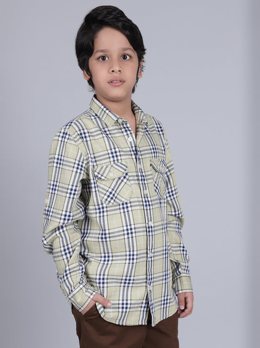 Boys Checkered Green Full Sleeves Spread Collar Casual Shirt
