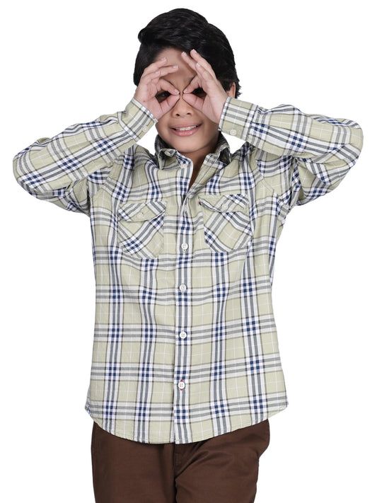 Boys Checkered Green Full Sleeves Spread Collar Casual Shirt