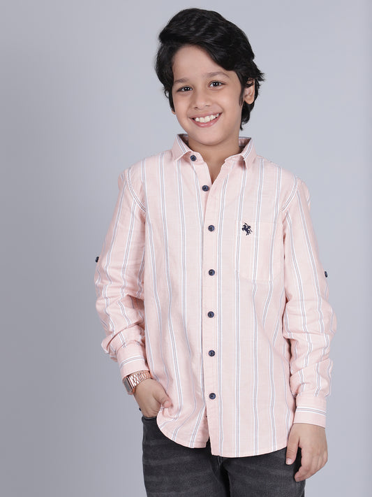 Boys Striped Pink Full Sleeves Spread Collar Casual Shirt